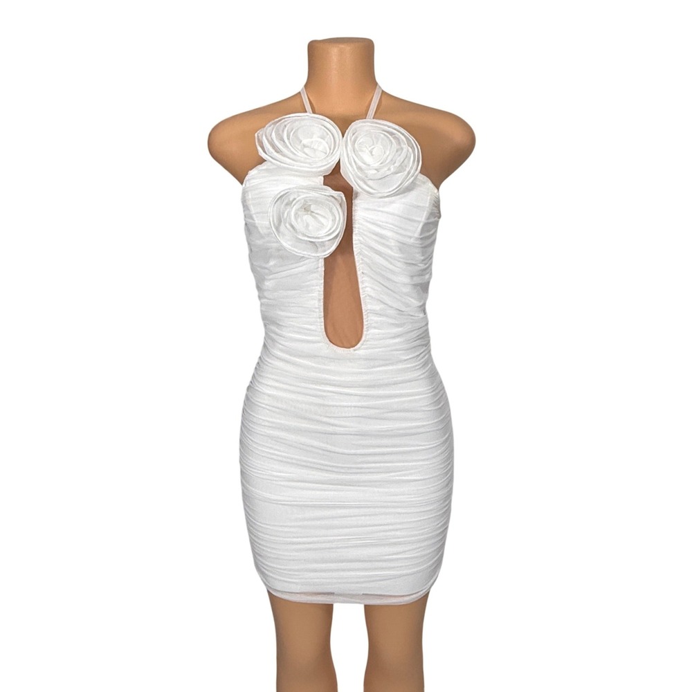 Fashion Nova White Ruched Halter Mini Dress Rosettes‎ and Keyhole Cutout Medium